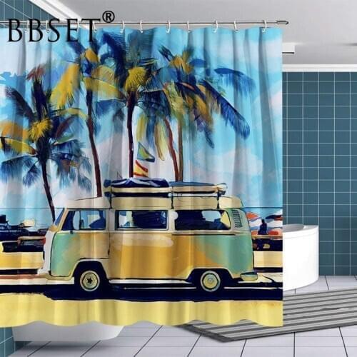 Beach Scenery Shower Curtain Retro Tour Bus on Sandbeach Pattern Waterproof Multi-size Douchegordijn Bathroom Decor with Hooks
