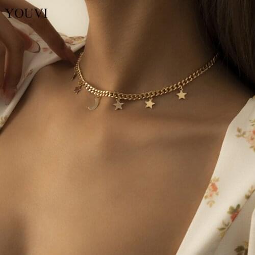 YOUVI Star Moon Tassel Pedant Necklace for Women Simple Bohemia Goth Chains Necklace Choker Charm Jewelry Collar Clavicle Chain