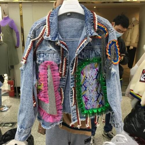 2021 New Autumn Loose Sequins Outerwear & Coats Denim Jacket Women Clothing Vintage Casual Hole Appliques Blue Jean Coat Female