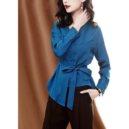 Womens Spring Autumn Style Silk Blouses Shirts Womens V-neck Solid Color Button Long Sleeve Korean Tops SP576