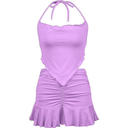 2Pcs Women Summer Outfit, Solid Color Halter-Neck Backless Tank Tops + Ruffled Skirt Suit for Girls, Purple/Blue