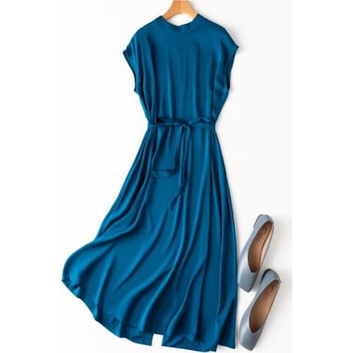 Womens 100% Silk 19mm luxury Fashion Heavy Round neck Long Dress Elegant peacock blue One Size L1069