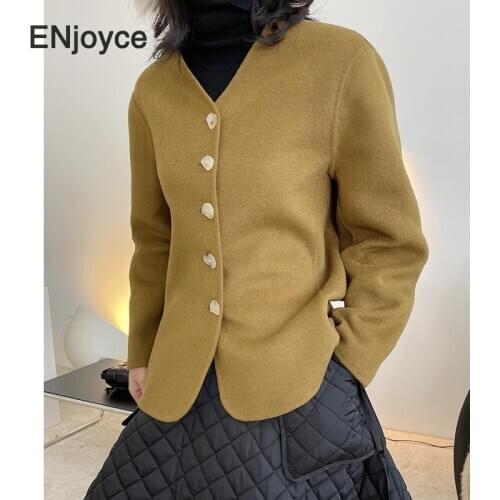 Women Winter Woolen Thicken Cashmere Overcoat Wool Double-Sided Plush V-Neck Short Coat Female Chic Korean Fashion Clothes