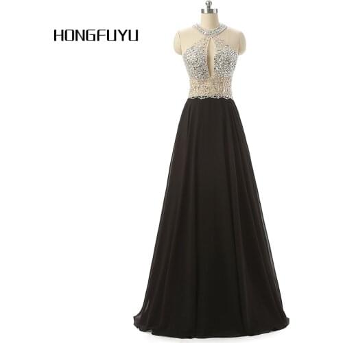 New Fashion A- Line Halter Black Chiffon Long Evening Dresses 2021 Sexy Backless Beading Floor Length Dress 011301