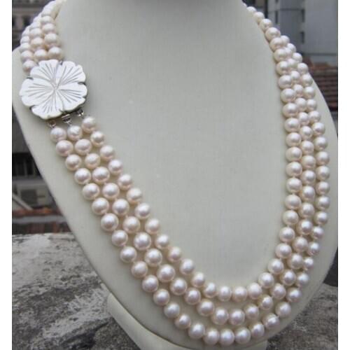 3 ROW 8-9MM natural Akoya south sea white Pearl Necklace 17-19'' clasp