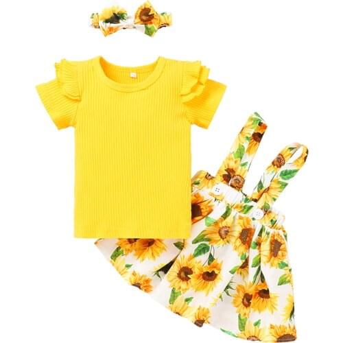 Baby Girl 3PCS Set Cute Sunflower Print Flying Sleeve Round Neck T-Shirt and Skirt Headband Set