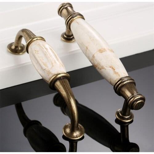 96mm Antique Bronze Furniture Door Pull Handle Marble Vein Wardrobe Knob Ceramic Kitchen Cabinet Drawer Cupboard Handles & Knobs