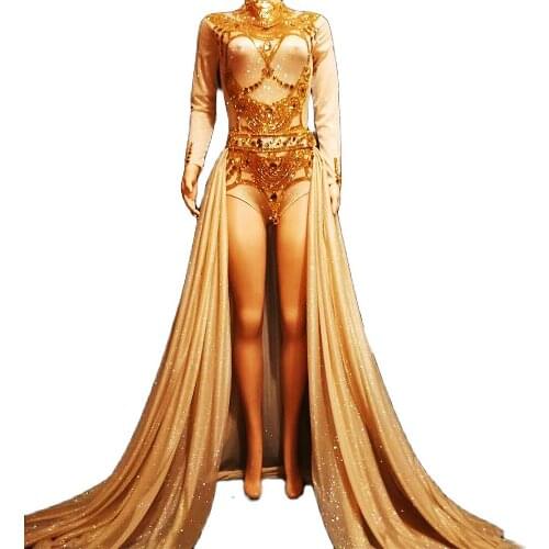 Gold Sequins Rhinestones Bodysuit Shiny Costume For Women Long Trailing Dresses Collocation Lady Dance Costume Nightclub Outfit