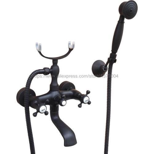 Oil Rubbed Bronze Bath Shower Faucet Set Dual Knobs Wall Mounted Bathtub Mixers with Handshower Swive Tub Spout Ntf612
