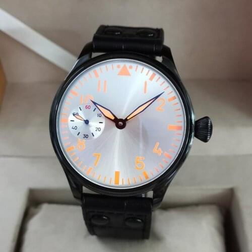 GEERVO without LOGO black case Silver dial orange hands 44MM pilot style Mechanical Hand Wind Mens watch Yellow luminous