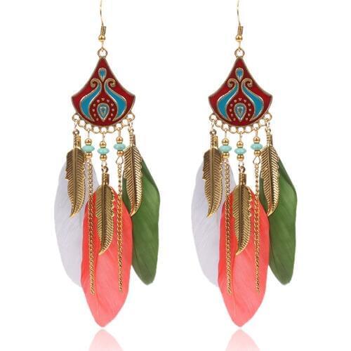 HC Vintage Feather Tassel Long Earrings Colorful Enamel Bohemian Tribal Jewelry Women Vintage Earrings Dangle Drop Earrings F