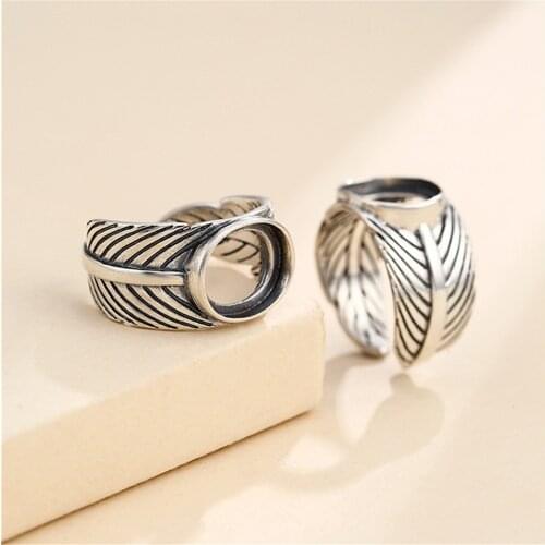 Ring Setting for 10x12mm Oval Cabochons Antique Style Feather Shape Ring Blank Thai Sterling Silver Adjustable Ring Base SR0340