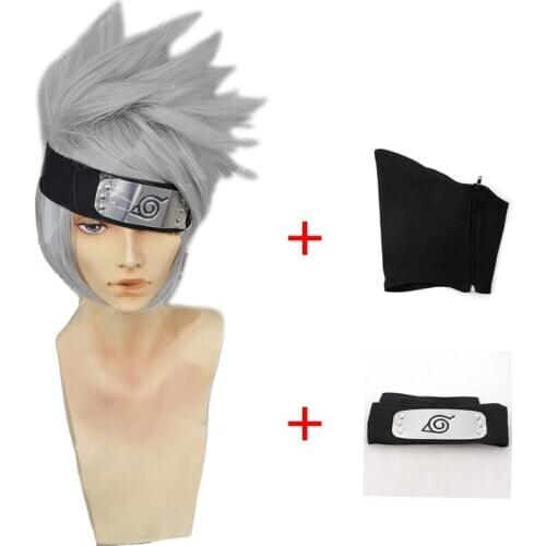 NARUTO Wig Hatake Kakashi Short Silver Gray Color Hair Heat Resistant Cos Wigs + Headband + Mask