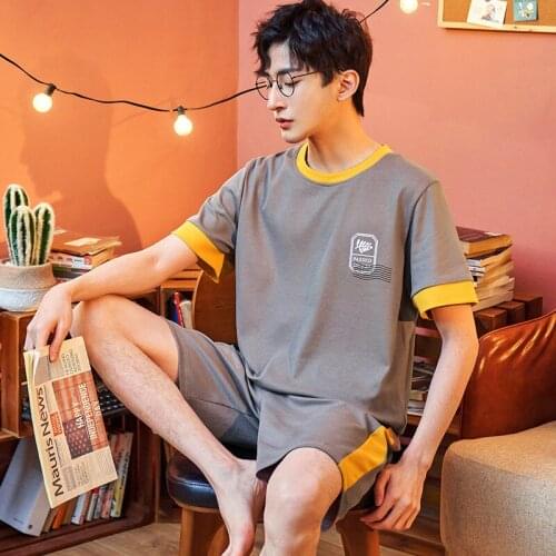 Summer Mens Cotton Pajamas Simplicity Yellow O-Neck Cotton Sleepwear Fashion Print Gray Plus Size Short Sleeve Mens Homewear