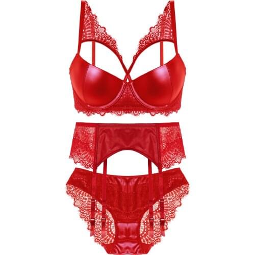 PU glossy leather gathered lingerie sets steel ring motorcycle underwear ladies plus size push up bra panty garter set
