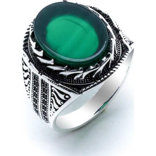 925 sterling Silver Green Agate Stone Men 'S Ring