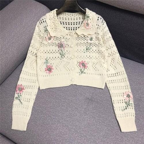 2020 Rushed Cotton Acrylic New Womens Sweater Ribbon Embroidered Hollow Doll Collar Knitted Cardigan Heavy Crochet Sleeve Thin