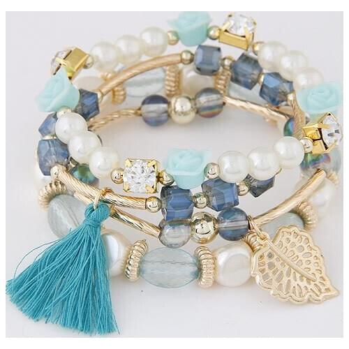 New Metal Crystal Beads Pearls, Flowers Leaves Wild Temperament Tassels Beaded Multi-layer Braided Bracelet