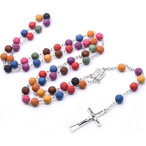 8mm Resin Rose Rosary Necklace Beads Christ Cross Necklace Religious Gift Holy Church Prayer Bead Jewelry