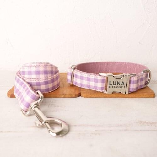 Personalized Dog Collar Custom Pet Collar Free Engraving ID Name Tag Pet Accessory Pnik Purple Plaid Puppy Collar Leash Set