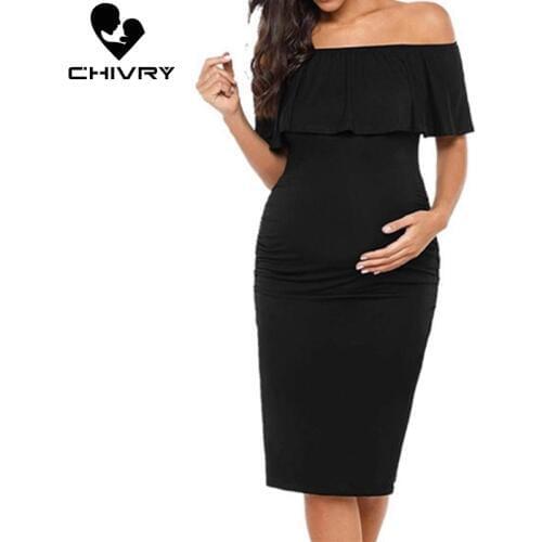 Chivry Pregnant Women Pregnancy Dress Fashion Short Sleeve Slash Neck Solid Ruffles Mama Dress Maternity Clothing Dresses