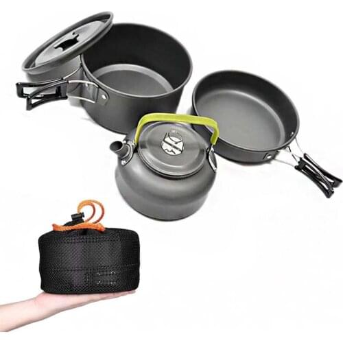 Aluminum Alloy Camping Cookware Utensils Ultra-light Portable Outdoor Cook Teapot Picnic Tableware Kettle Pot Frying Pan 3pc/Set