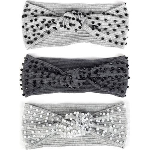 Fashion Pearls Beads Ribbed Hairband For Women Boho Knotted Striped Elastic Cotton Headband Female Turban Wraps Hair Accessories