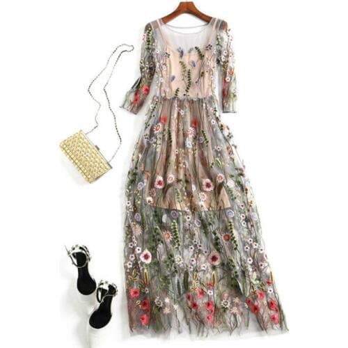 Retro Embroidered Floral Gauze Dress Pleated Stitching Smock 3D Flower Hook Mesh Dress Chinese Style Holiday Beach Dress 2018