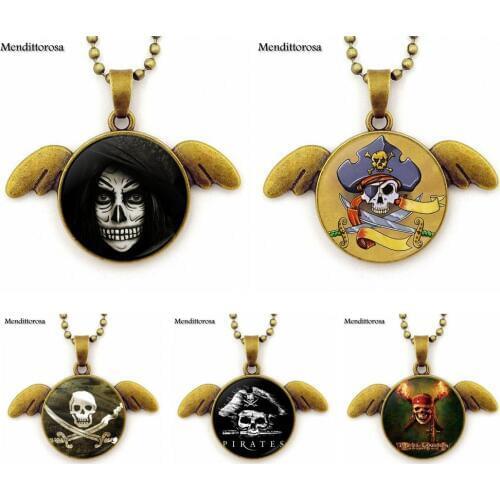 Glass Cabochon Anime Jewelry Choker Long Bronze Angel Wings Pendant Necklace For Girls Pirate skull