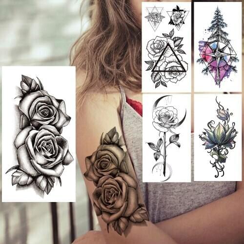 Triangle Flowers Temporary Tattoo For Women Lotus Pine Tree Fake Tattoos Sticker Black Moon Rose Waterproof Armbnads Art Tatoos