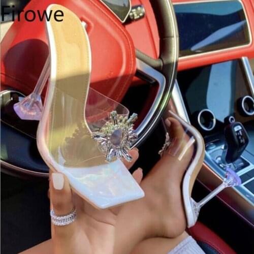 Firowe Women PVC Clear Slippers Transparent Crystal Sun Flowers Buckle High Heels Sandals Shoes zapatos de mujer