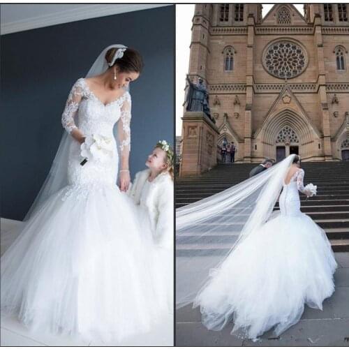 V Neck Low Cut Back Tulle Brush Bottom Mermaid Wedding Dress With Half Sleeves vestido de novia con mangas