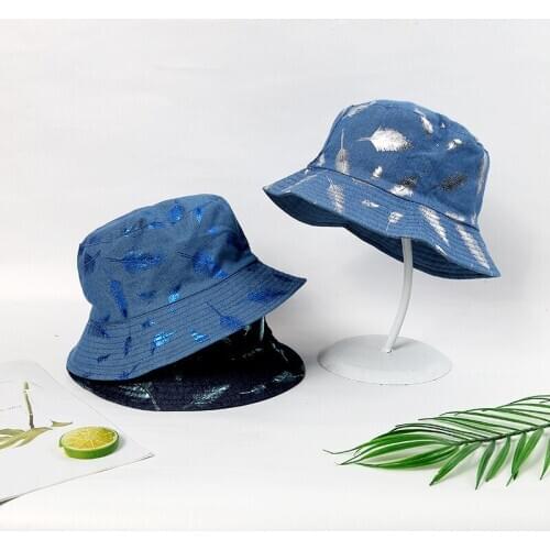 20121 New Bucket Hats 100%Cotton Feather Print Jean Breathable Summer Sun Hat Beach Outdoor Travel Fishing Hats Foldable Cap
