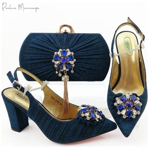 2020 Italian Design Royal Blue African Crystal Style Nigerian Ladies Shoes and Bag Set Decorated With Rhinestone for Party