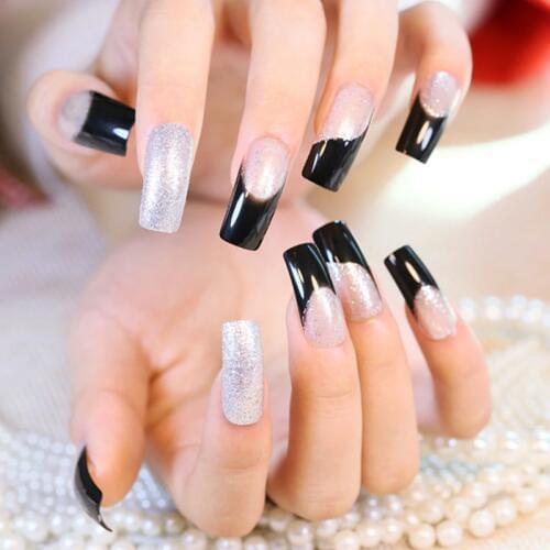 Glitter Long Fake Nails Silver Black Flat Top French Tips Elegant Pre-designed False Nails Tips 24Pcs Z396