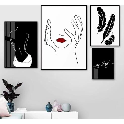 Abstract Female Curves Picture Black Feather Canvas Painting Wall Art Black and White Poster Print Nordic Home Decor No Frame