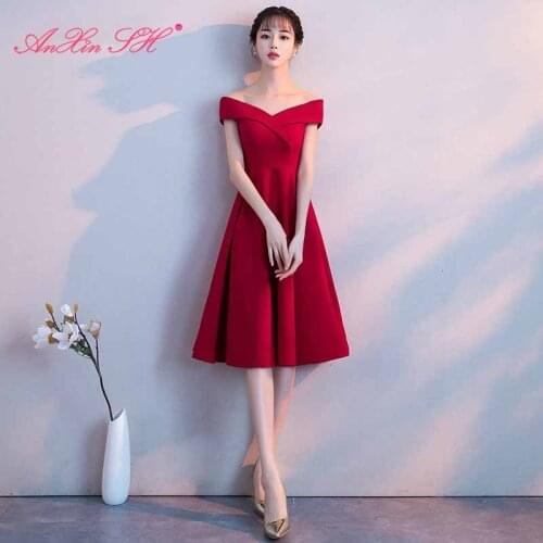 AnXin SH princess red satin short evening dress party boat neck wine red zipper vintage a line evening dress little red dress