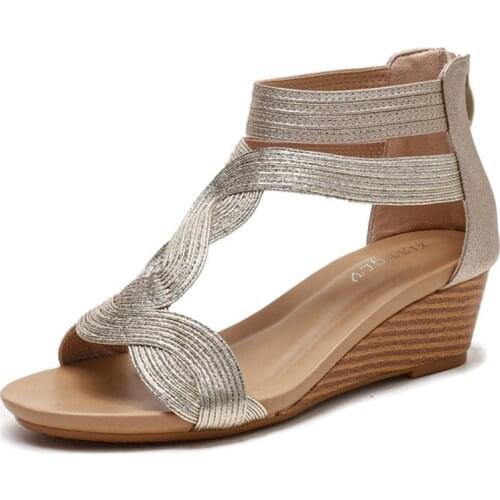 Summer New Wedge Heel Sandals European And American Large Size 42 Womens Shoes Rear Zipper Roman Shoes Fashion Casual Sandals