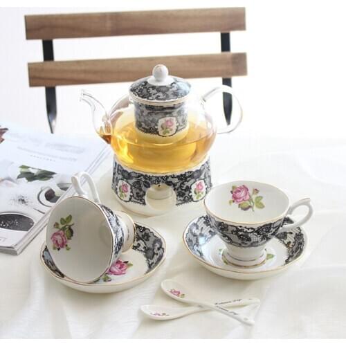 British Afternoon Tea Coffee Cup Set Bone china Cake pan Heat-resistant Glass Teapot Heating Flower Tea set Kitchen Accessories