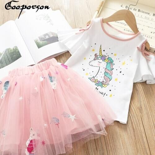 Kids Girls Summer Clothes Set Unicorn Printed Toddler Baby Clothes Set Cute Unicorn Embroidery Tutu Skirt Sets 2019 New Style