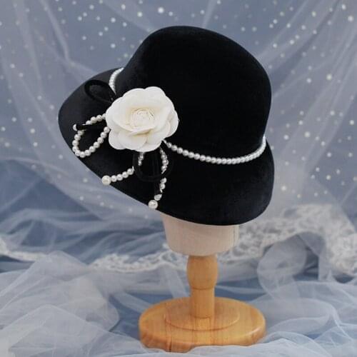 French Elegant Women Fedoras Velvet Flower Pearl Wedding Hat For Bride Vintage Royal Cocktail Party Women Photo Shoot Fedora Cap