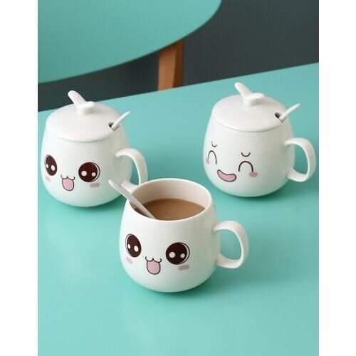 Ceramic Cute Coffee Mug Creative Cartoon Couple Gift Child Tea Cup Breakfast Milk Oatmeal with Lid Spoon Porcelain Water Cups CN