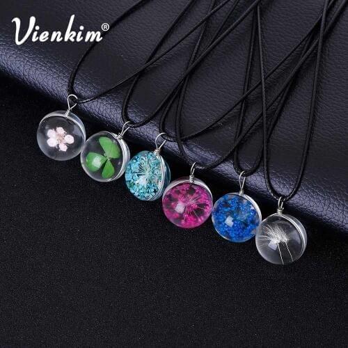 Vienkim Chic Transparent Resin Hot Fashion Crystal Ball Clover Necklace Plant flower Pendant Chain Necklace For Girlfriend Gift