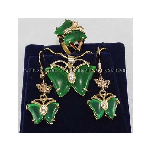 Inlay Green jade Ring earrings Necklace Pendant Set plated watch wholesale Quartz jade CZ crystal