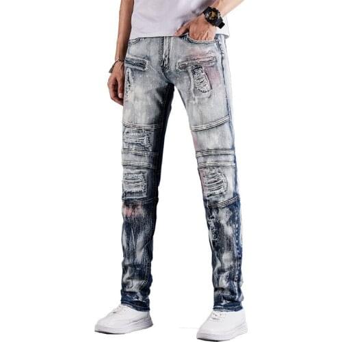 New Mens Male Patchwork Ripped Biker Jeans Vintage Holes Distressed Slim Straight Stretch Denim Pants Painted Trousers 1932