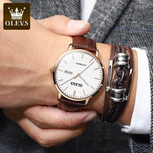 OLEVS fashion simple mens watch waterproof automatic mechanical watch ultra thin Casual business leather self winding men watch