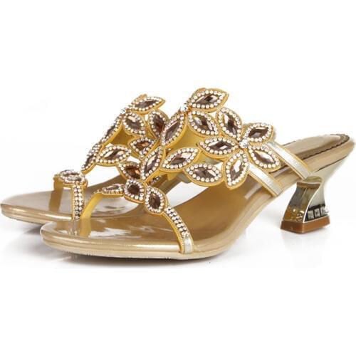 Rhinestone Hollow Thick Heel Horse Shoes Heel Slippers Flower Decoration Womens Large Size Slippers 6cm High Heel Slippers