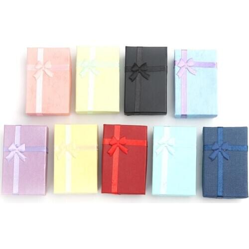 DoreenBeads Paper Jewelry Gift Boxes Rectangle Color Bowknot Pattern Ring Box Earrings Box Wholesale,8.1cm x 5.2cm , 4 PCs