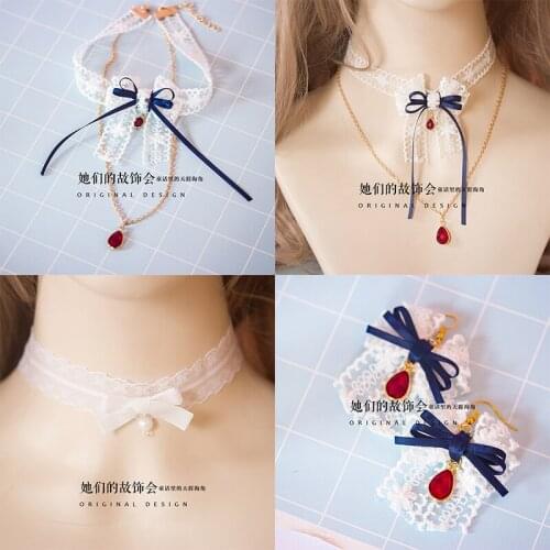 Japanese Lolita Girl Sweet Gentle Fairy Earring Elegant Ear Clip Bowknot Lace Choker Kawaii Ear Studs Jewelry Exquisite Necklace