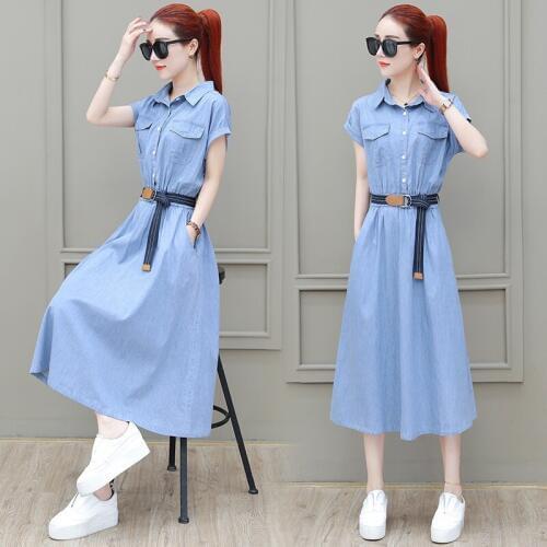 Blue Denim Dresses Summer 2019 Thin Casual Dresses For Women Belt Pocket Dress Midi Long Washed Jean Dresses Women 2019 DD2181